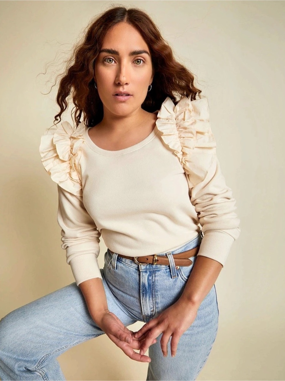 NATION LTD - ESTHER RUFFLE SLEEVE SWEATSHIRT- Cream- Size Small